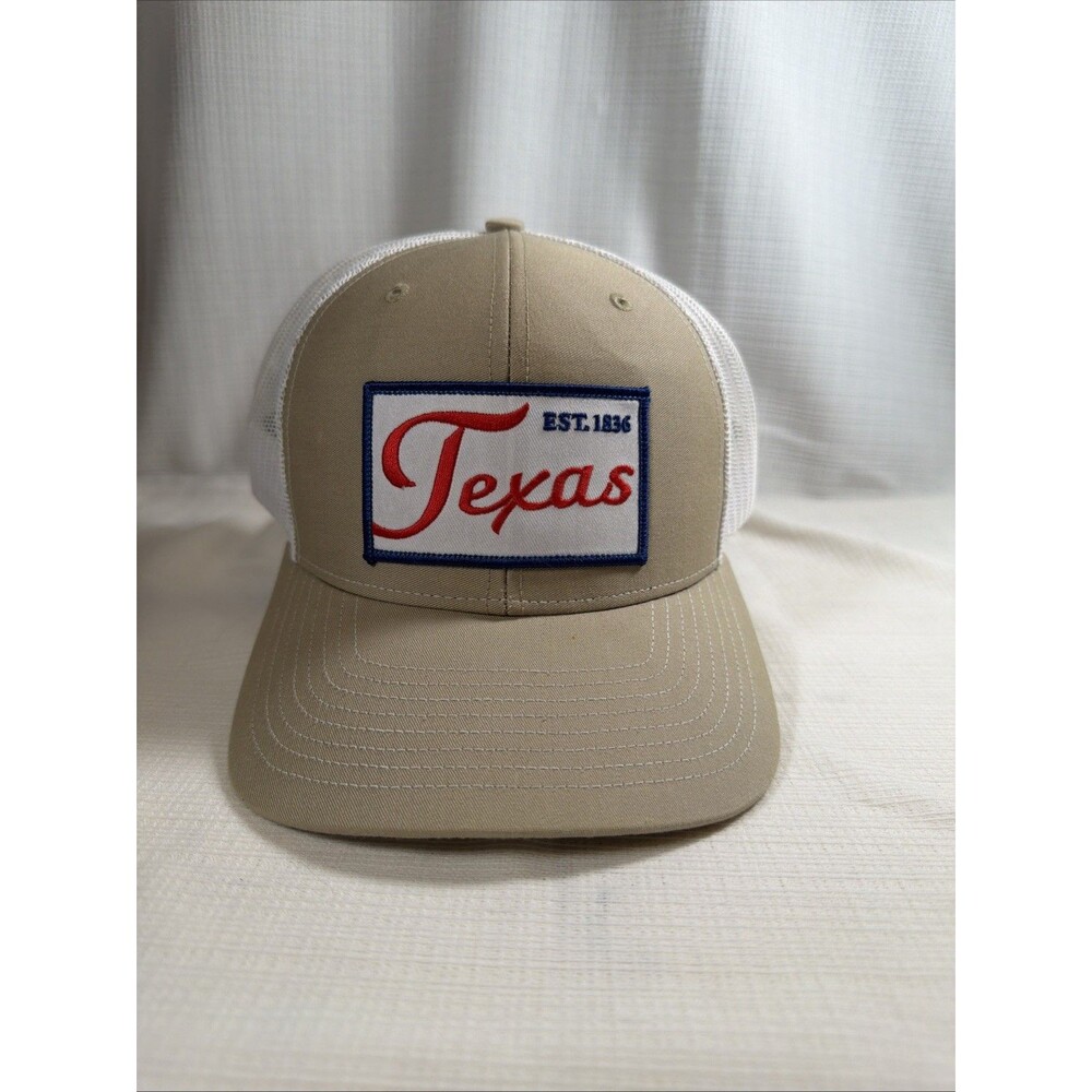 Last Stand Texas EST 1836 Script Trucker Hat Khaki White GUC